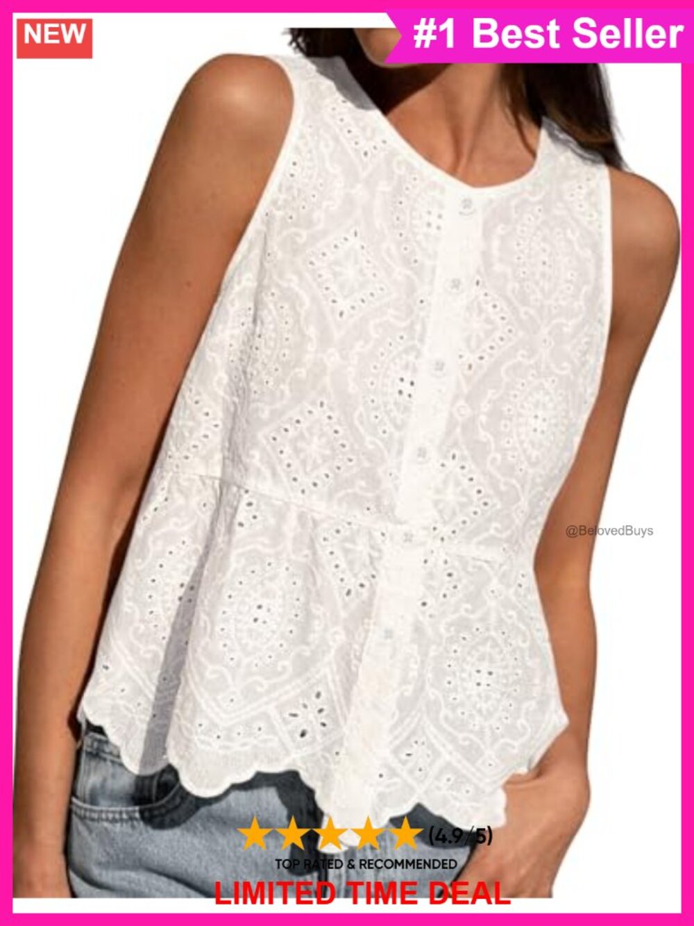 Eyelet Embroidered Peplum Tank Top Button Down Scalloped Hem Blouse